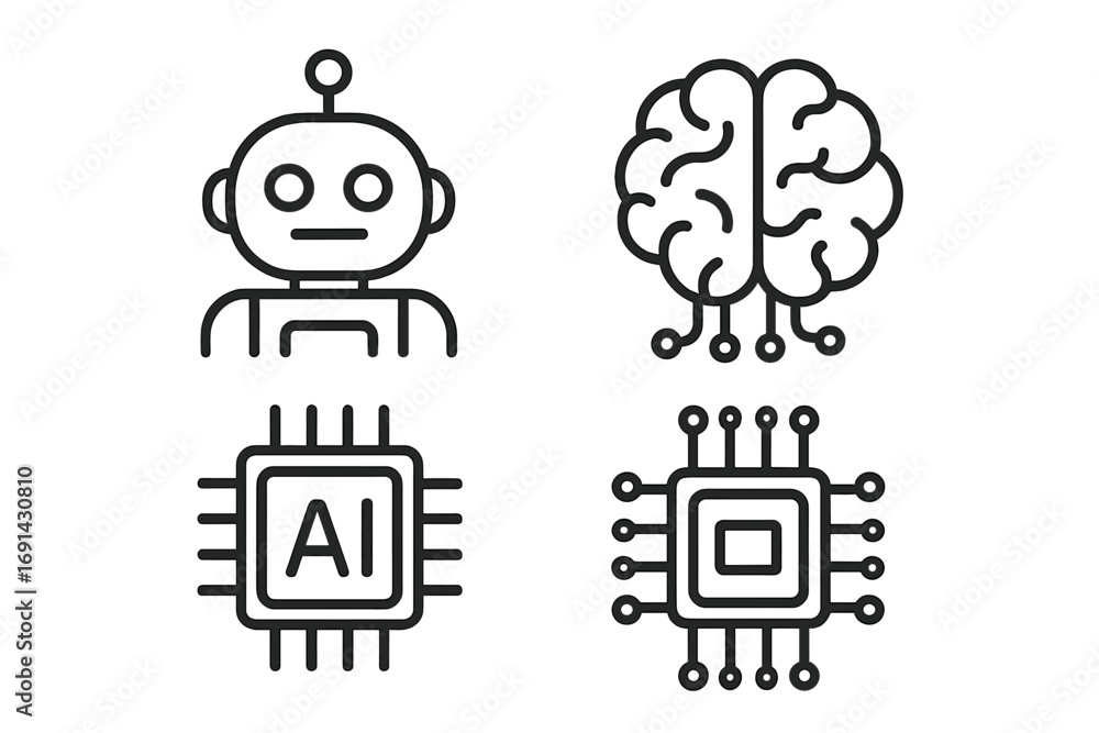 Poster ai linear icons set. artificial intelligence concept. robot, brain, chip, processor symbols. machine