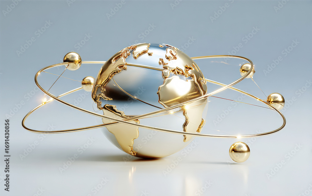 Poster global connection and technological integration in a golden sphere