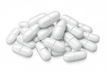White oblong pills with a dividing line forming a pile on a transparent background, ideal for pharmaceutical or medical concepts