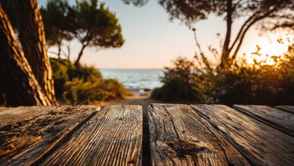 Coastal sunset vista, wooden deck