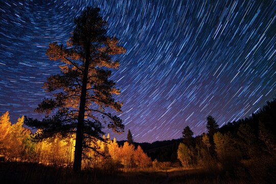 Star trails over a tree and autumn trees at night, long exposure landscape photography
