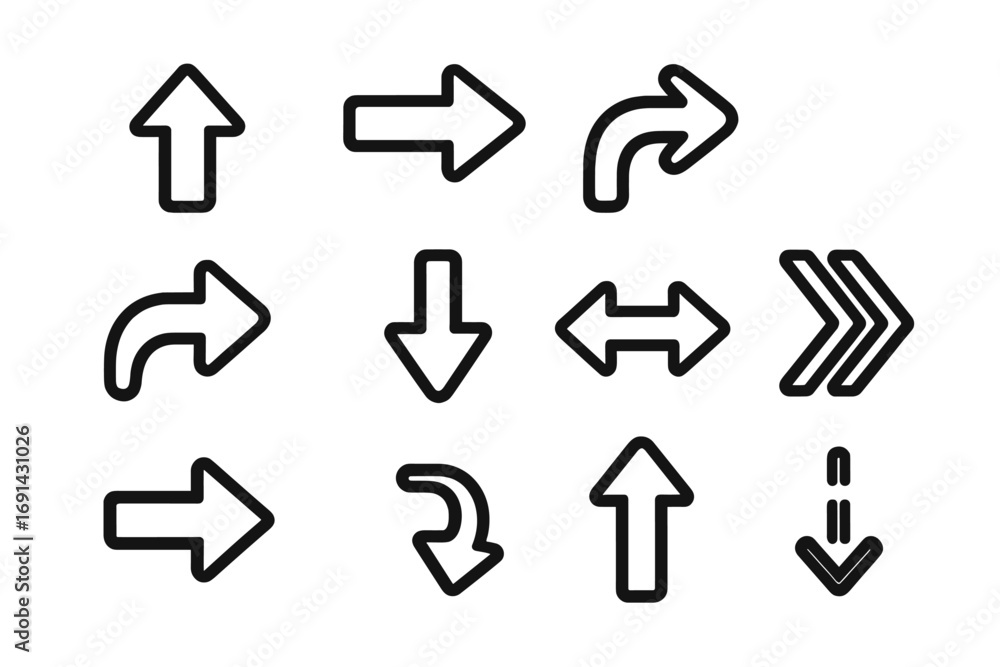 Poster vector arrow icon set. minimalist black line pointer collection. simple directional symbols for navi