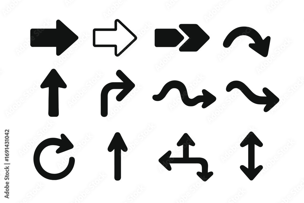 Poster black arrow collection. minimalist vector icon set with diverse pointers. simple arrows in various d
