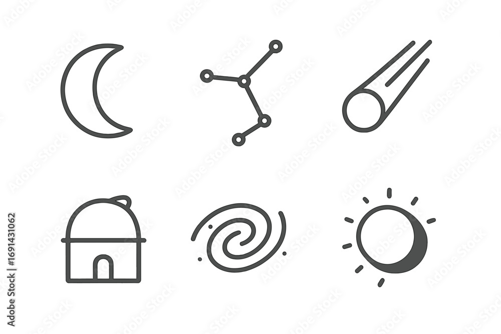 Poster minimalist astronomy line icon set. moon, constellation, observatory, comet, galaxy, and eclipse sym