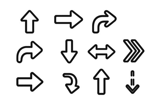 Vector arrow icon set. Minimalist black line pointer collection. Simple directional symbols for navigation, UI, website design. Up, down, left, right, next, download, share.