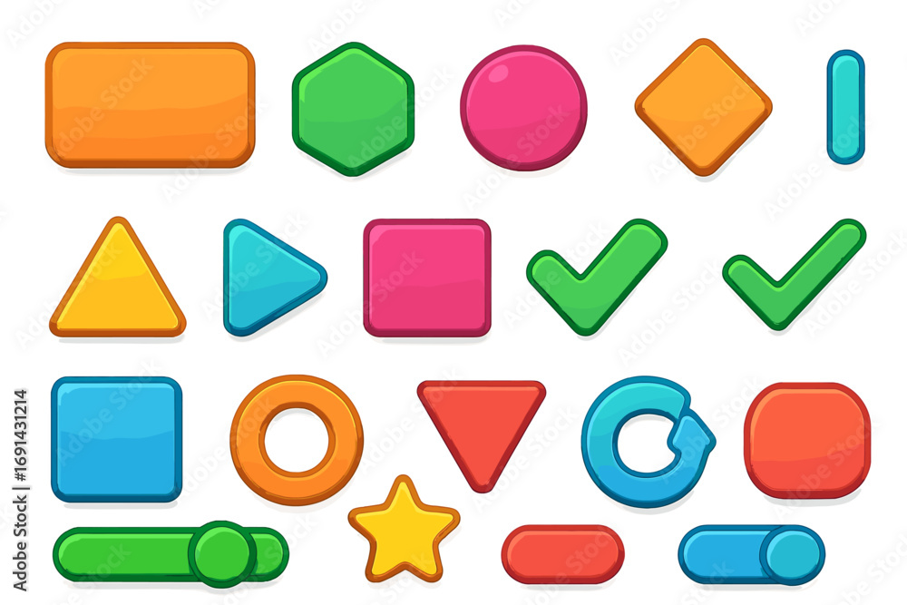 Leinwandbilder set of colorful cartoon buttons for game ui. collection of glossy geometric shapes and icons. play, 