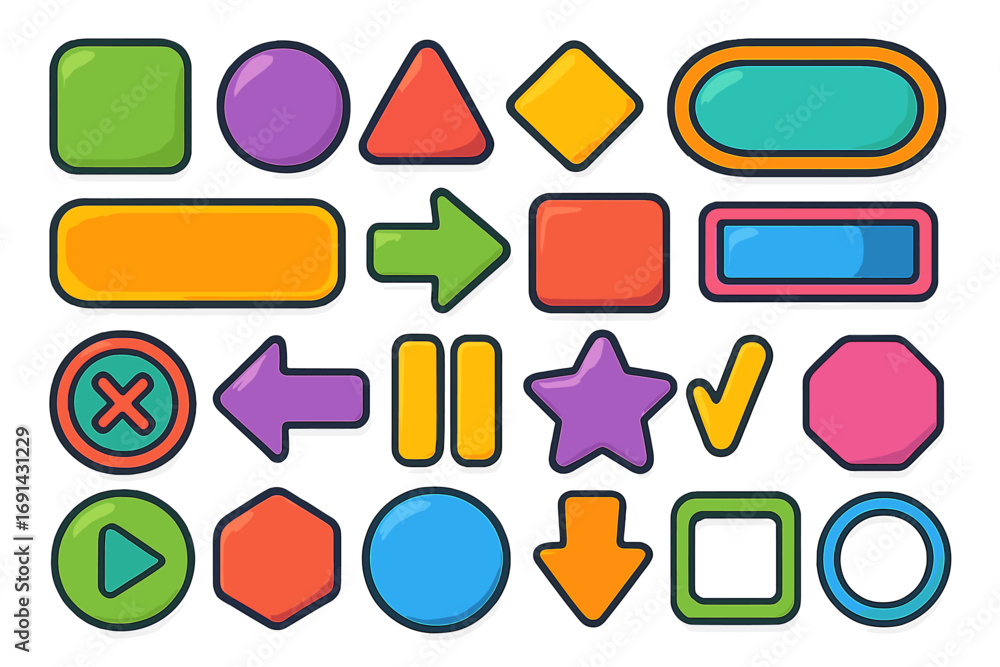 Fototapete colorful cartoon buttons and icon set for game or web gui. vector collection of glossy user interfac