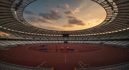 Majestic stadium interior dusk sky bathed in golden sunset light warm ambiance