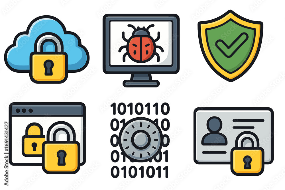 Poster cyber security icon set. vector concepts of data protection, cloud storage, virus, malware, and priv