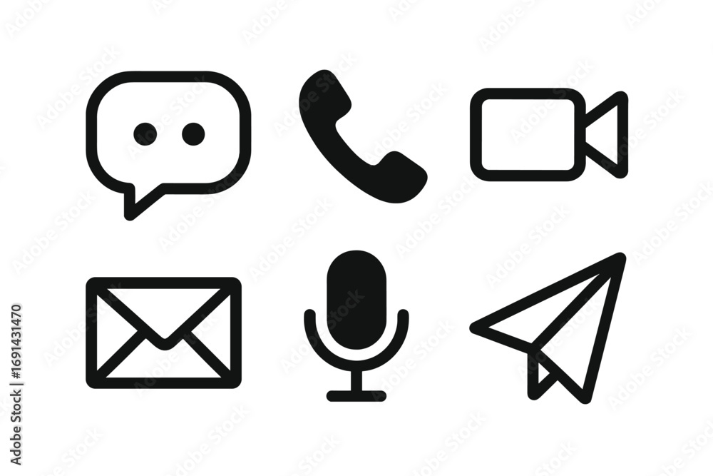 Poster modern communication icon collection. simple black vector symbols for chat, phone call, video, email