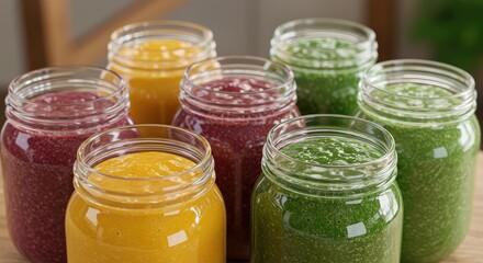 Vibrant assortment of colorful fruit and vegetable smoothies in glass jars, offering a refreshing and healthy beverage choice for any occasion.