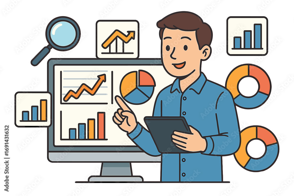 Aufkleber data analysis and business intelligence concept. analyst character working with charts and graphs on