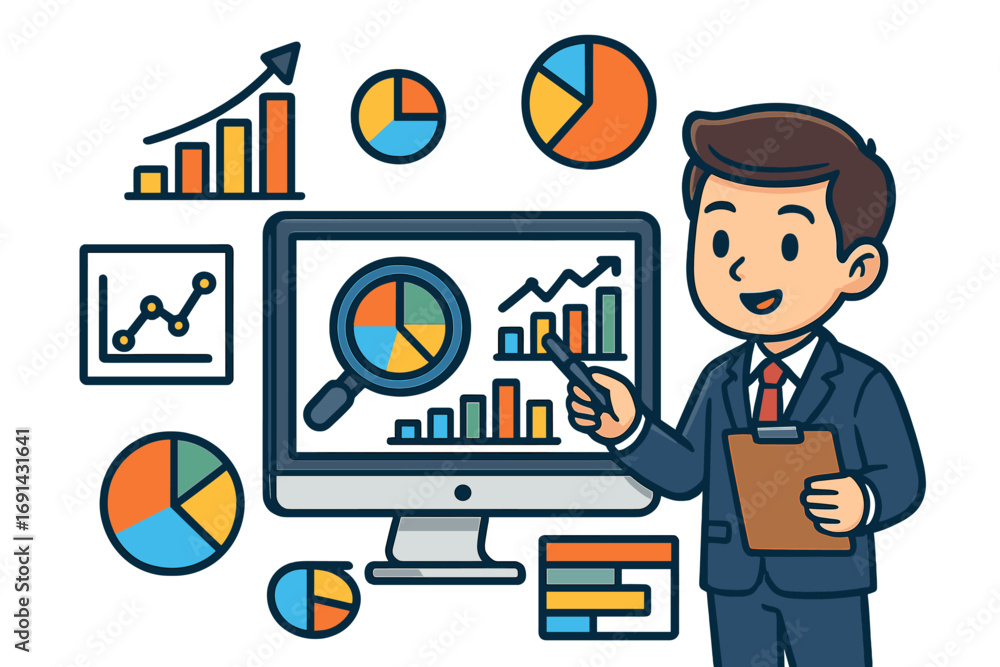 Poster businessman presenting data analytics on screen. man with charts and graphs for market research and 