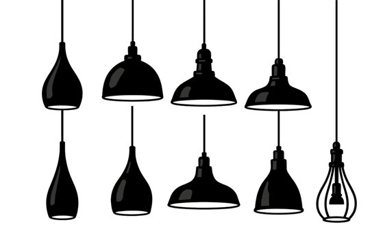 Set of black pendant lamps. Collection of modern ceiling lights for interior design. Vector silhouette illustration. Industrial and minimalist home decor lighting elements.
