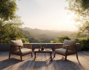 Fototapeta premium Outdoor wooden furniture overlooking a scenic mountain range