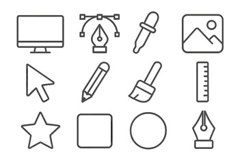 Fototapeta premium Minimalist linear design tool icons set for graphic designers and creatives, digital drawing and editing tools, vector cartoon illustration with transparent background, ordered icons collection
