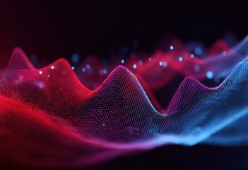 Abstract digital landscape of swirling red and blue particles