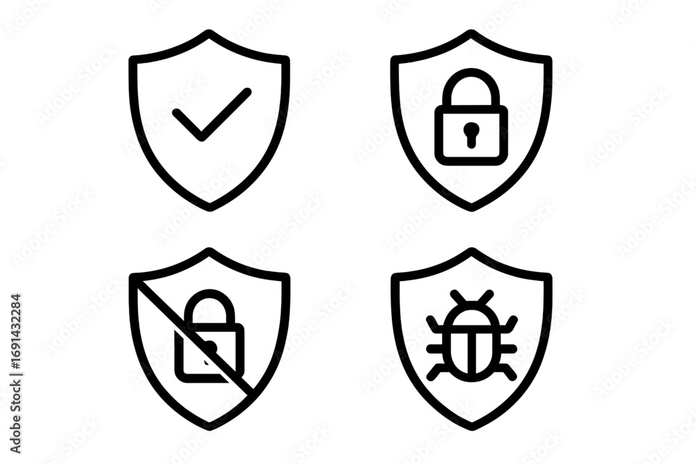 Poster minimalist shield icons set with security concepts in line art style, lock, unlock, checkmark, bug p