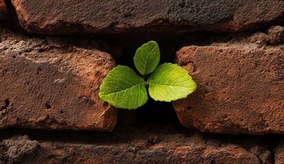 Tiny green sprout pushes through a brick wall
