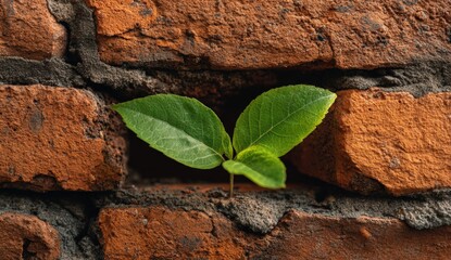 Young sprout emerging from brick wall