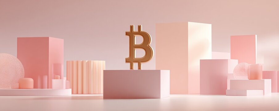 Minimalist scene with geometric shapes and a golden Bitcoin symbol. Soft pastel pink and beige tones create a calm, contemporary aesthetic - Powered by Adobe