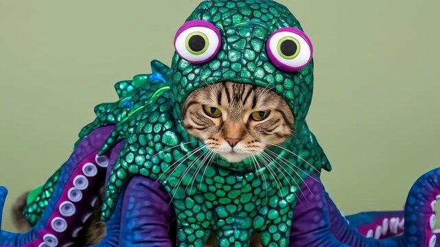 Cat wearing a green octopus costume with purple tentacles and large cartoon eyes