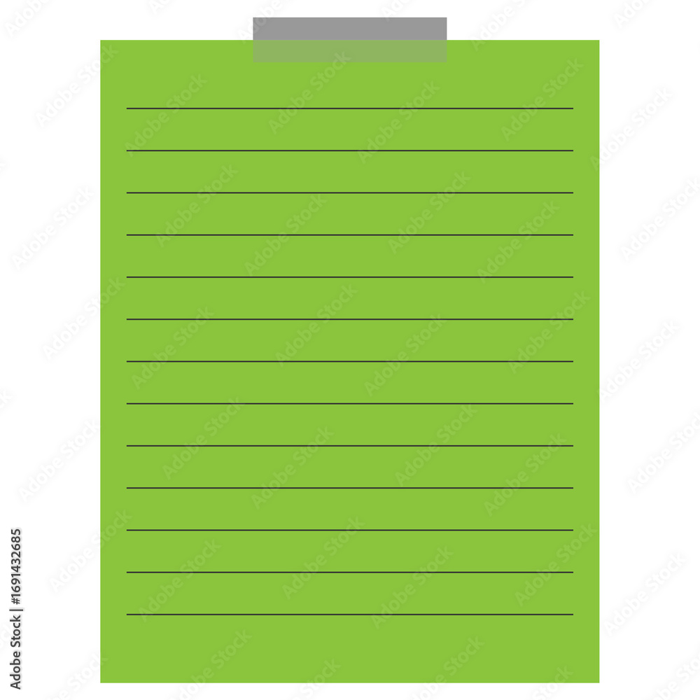 Poster green notepad with horizontal lines and tape isolated on transparent background