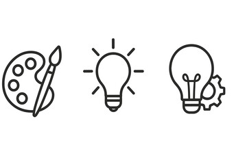Minimalistic outline icons of creativity, ideas, and innovation symbols. Vector set with paint palette, light bulb idea, and gear bulb design. Transparent background.