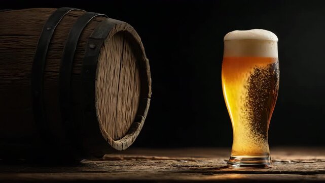 夜の木樽とビールグラスの質感際立つシーン