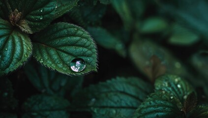 Close-up of a dewdrop on a deep green leaf