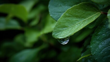 A single raindrop clinging to a vibrant green leaf