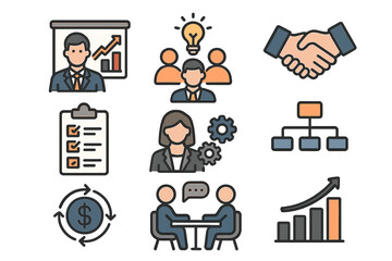 Business management icon set for professional teamwork and strategy. Vector icons for presentation, workflow, financial growth, and corporate organization. Line art concept.