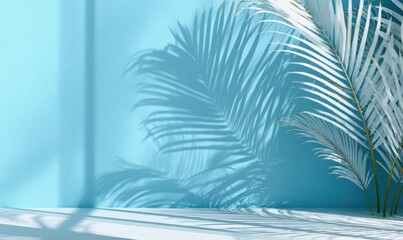 Light-filled blue room with palm shadows