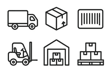 Outline icons of logistics and delivery truck, cardboard box, barcode scan, forklift truck, warehouse storage, pallet with stacked boxes, vector cartoon illustration set, transparent background