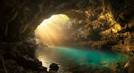 Cave with Light Rays and Turquoise Water