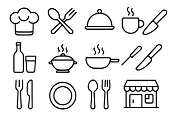Simple culinary icons set with linear utensils, dishes, dining and cooking symbols for restaurants, cafes, food services, kitchen tools, and meal preparation illustrations