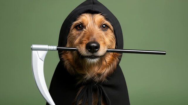 Dog in a black hood holding a scythe in its mouth