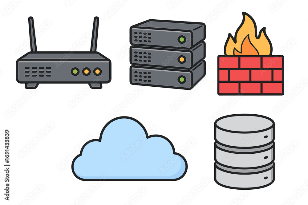 Aufkleber network infrastructure icon set with router, server, firewall, and database. cloud computing technol