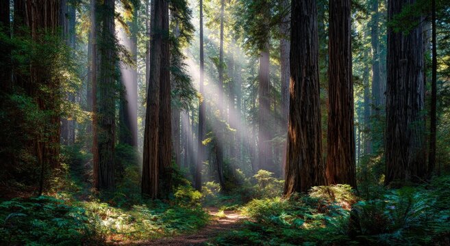 Sunlight streams through ancient redwood forest