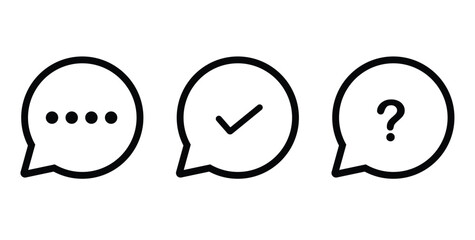 Speech bubble icons with dots, checkmark, and question mark