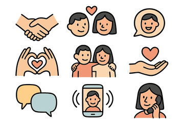 Human connection, communication, and love icon set. Vector symbols for relationship, friendship, handshake, charity, giving, support, chat, online call. Minimalist cartoon style.