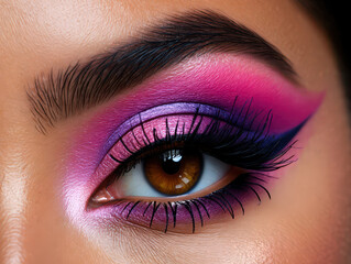 Naklejka premium Intense Eye Makeup Close-Up Showcasing Rich Pink and Purple Tones with Sharp Eyeliner and Defined Lashes Highlighting Beauty and Artistry