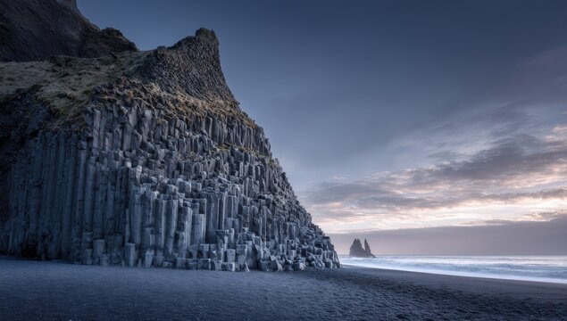 Dramatic basalt columns on a black sand beach at dawn - Powered by Adobe