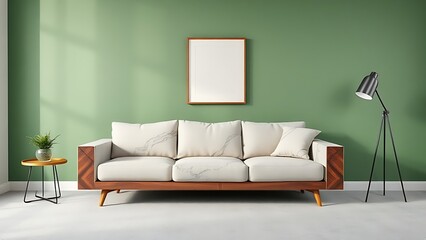 Contemporary living space with a green accent wall, modern furniture, and uncluttered aesthetic.