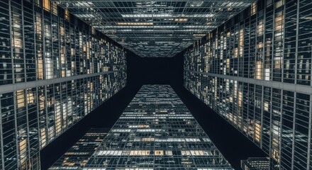 Aerial view of towering skyscrapers at night, illuminated windows creating a vibrant urban scene