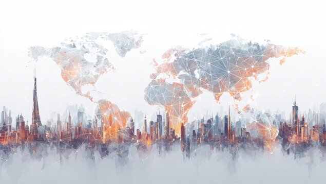 Global cityscape overlaid with interconnected lines