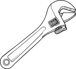 Obraz premium A detailed black and white line art illustration depicts a versatile adjustable wrench, essential for various mechanical tasks and home improvement projects.