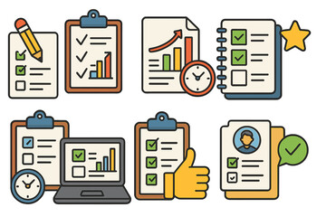 Task management icon set. Productivity, organization, and evaluation concepts. Checklist, survey, report, time management, performance review, business goal, and success.