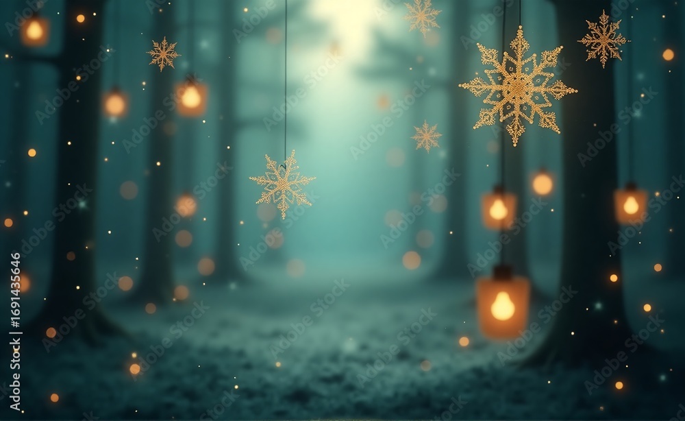 Aufkleber a magical forest scene with glowing lanterns and golden snowflakes, creating a serene and enchanting