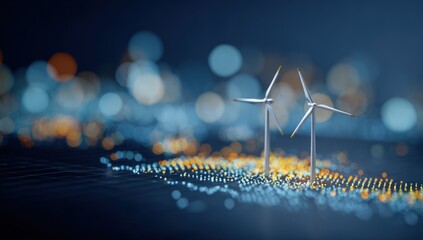 Abstract wind turbines over a digital landscape
